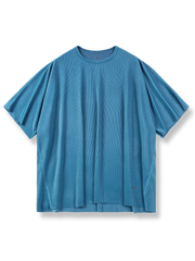 アイスシルクニット素材の縦縞リブ入りオフショルダー半袖Tシャツ