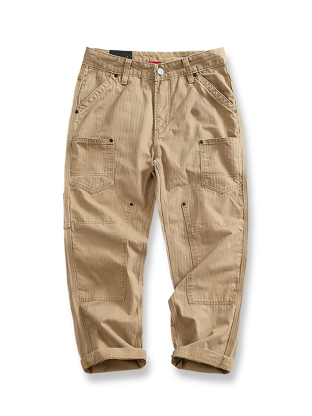 魚骨模様パッチワークとヴィンテージ加工が特徴の改良型ワークパンツ