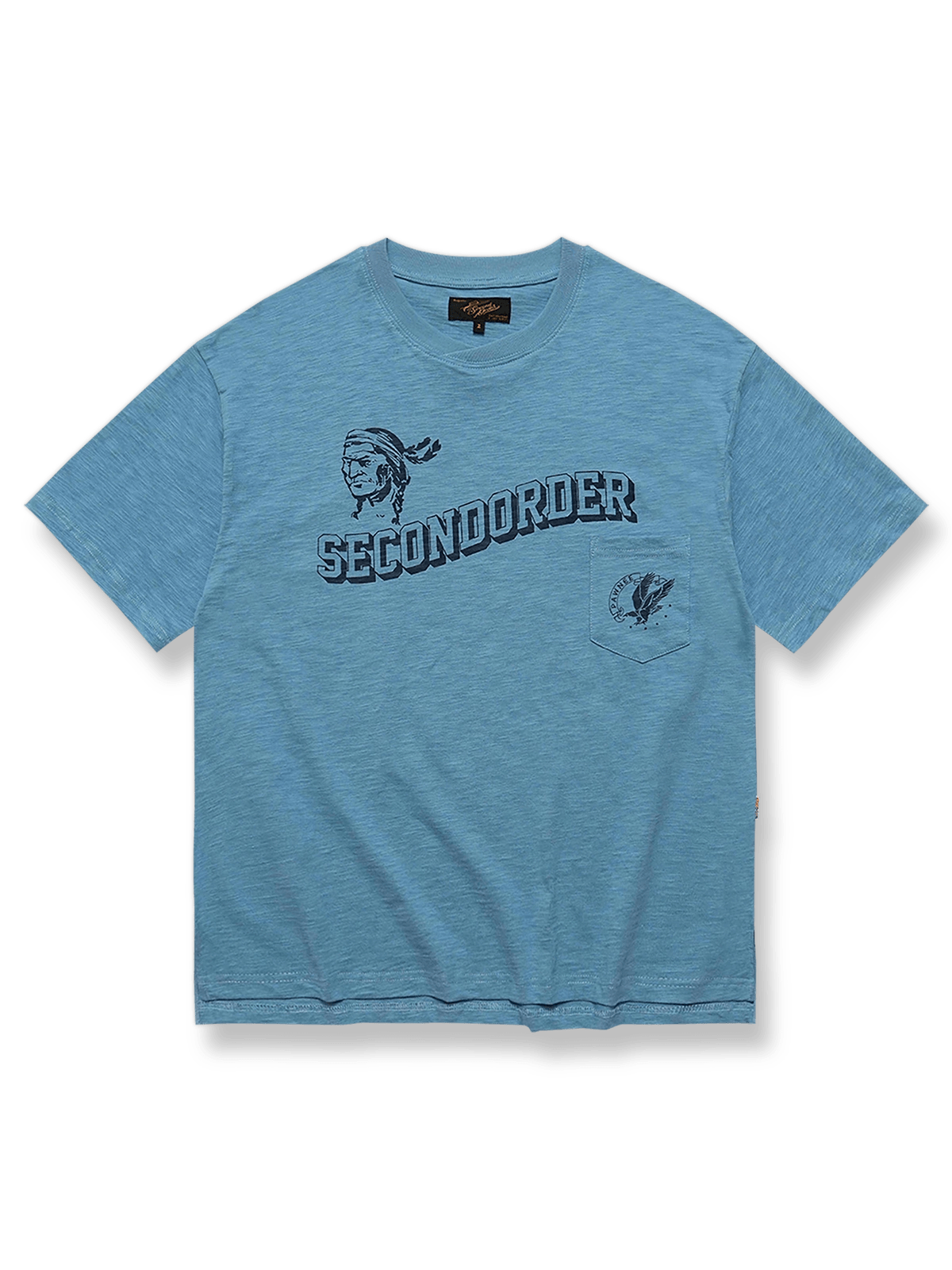 インディアンチーフプリントと胸ポケット付きのスラブコットンTシャツ