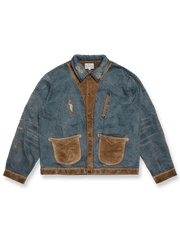 15ozデニムと日本製コーデュロイ切替のデニムジャケット。背面にインディアン刺繍、フルグレインレザー補強、パリスボタンを配したヴィンテージ風アイテム。