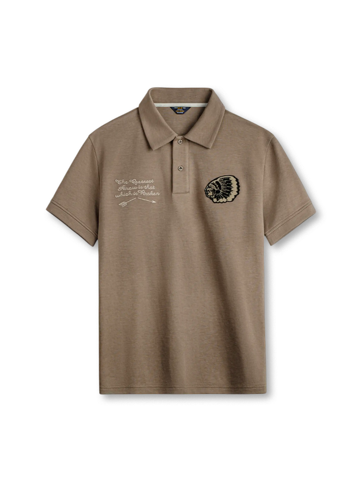 ジェロニモ刺繍と力強いメッセージが特徴の中薄ポロシャツ