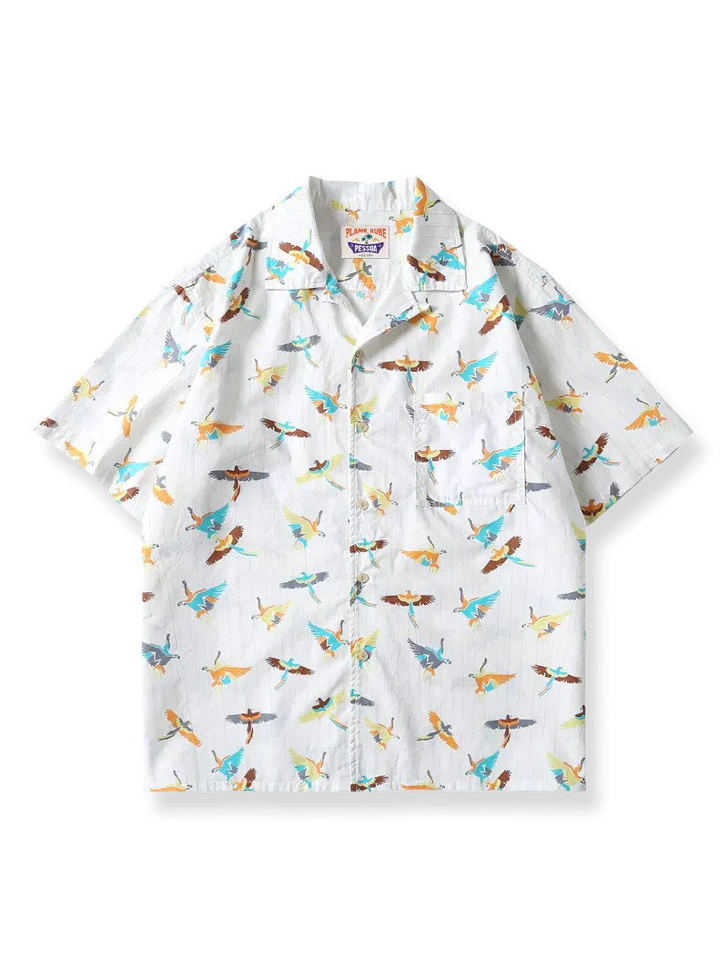 サンダーバード柄をキューバンカラーで表現した純綿半袖シャツ