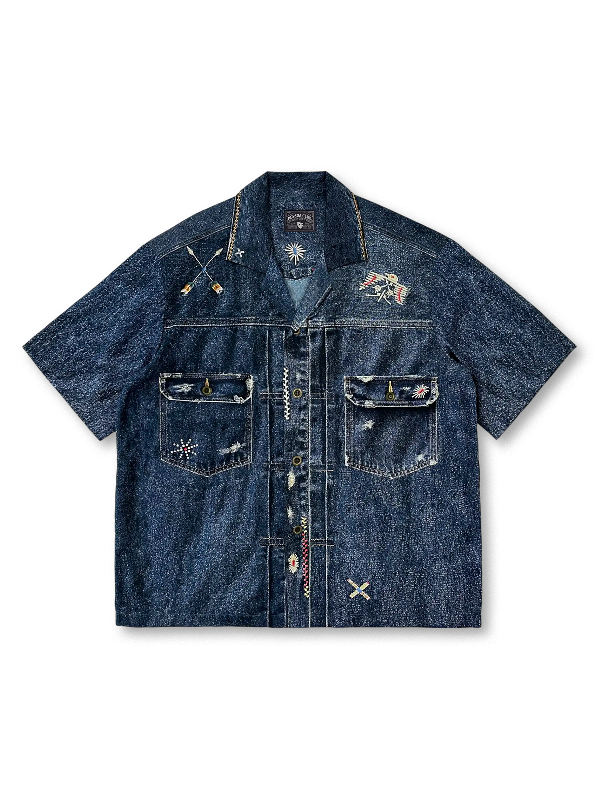 インディアン雷鳥プリントが両肩に施されたヴィンテージ風6.5オンスデニムシャツ