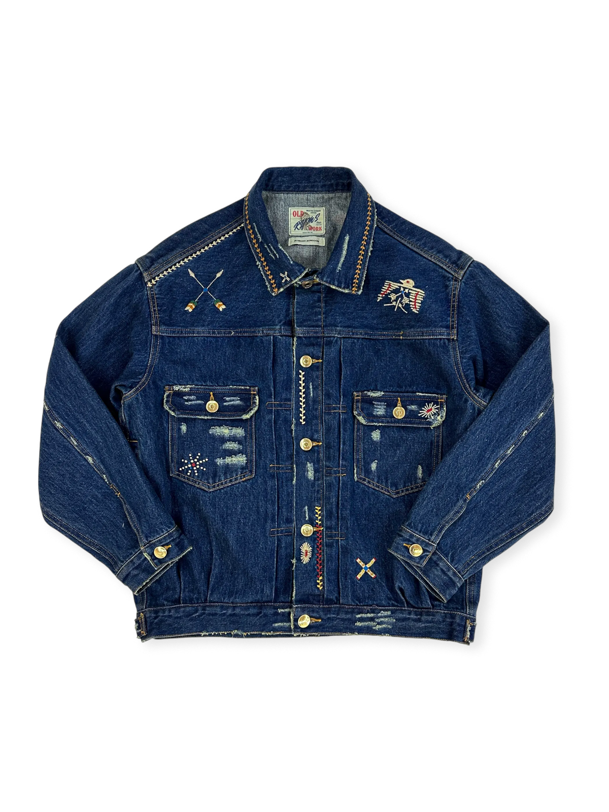 サンダーバード刺繍とウォッシュ加工を施した100%コットンのヴィンテージスタイルデニムジャケット。