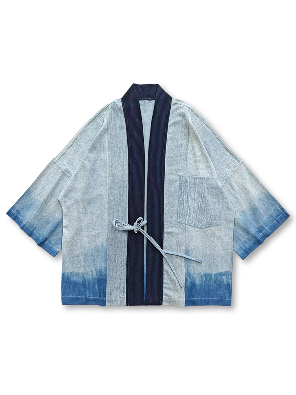 メンズ 藍染 グラデーション デニムはんてんシャツ 薄手 和風 東洋デザイン