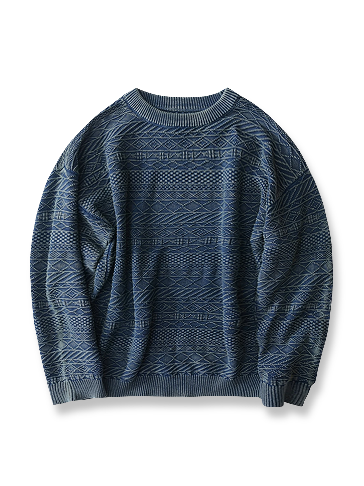 立体的な花柄を施した藍染めニットセーター