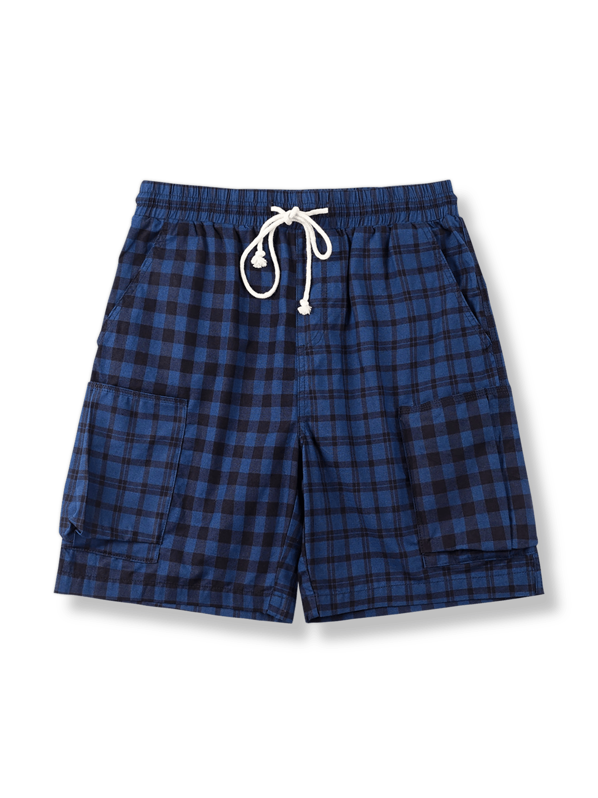 インディゴ染めと非対称チェックパッチワークが特徴の多ポケットショーツ