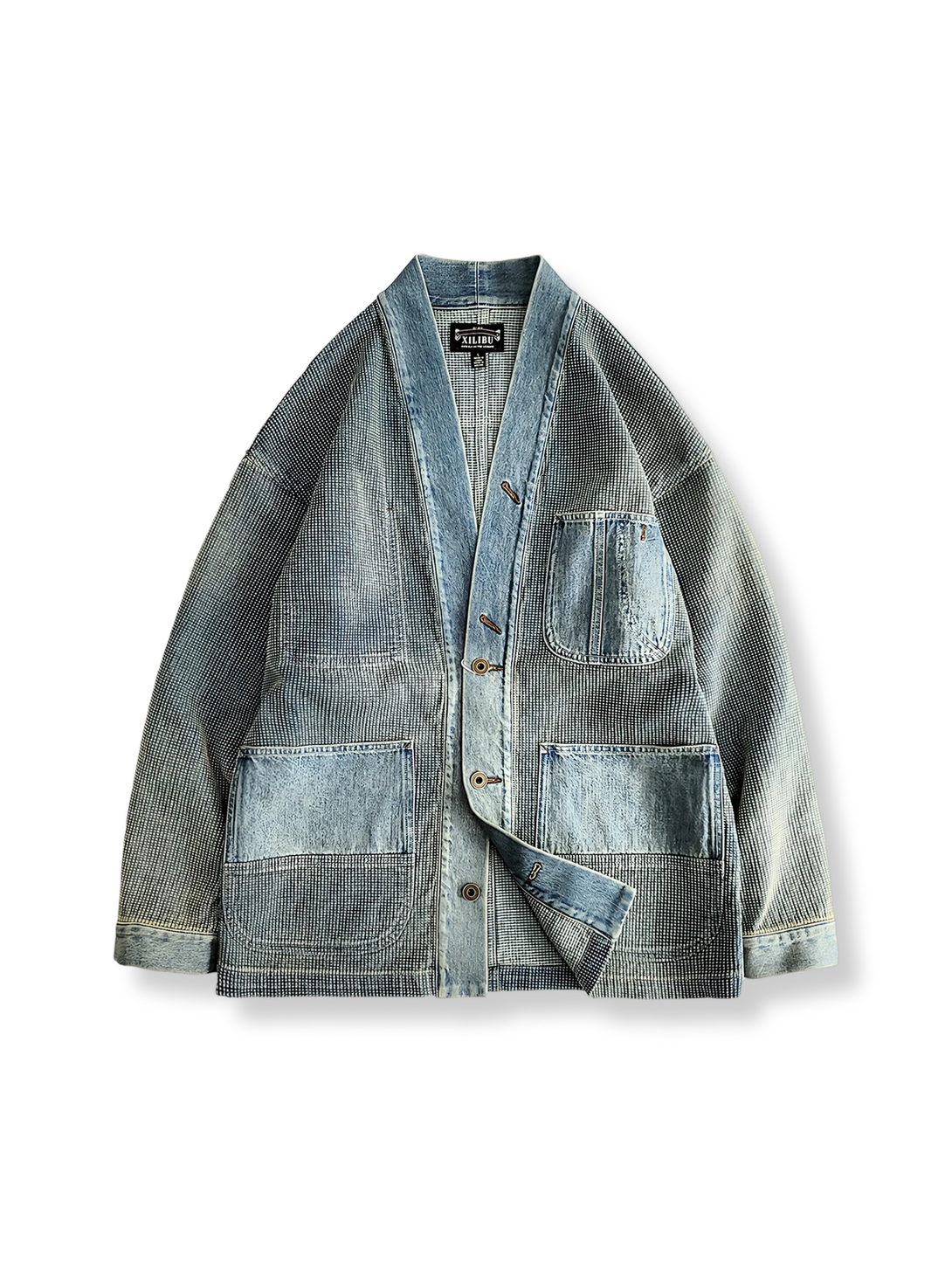 藍染デニム刺し子織りを施した袢纏スタイルの刺繍ジャケット
