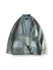 藍染デニム刺し子織りを施した袢纏スタイルの刺繍ジャケット