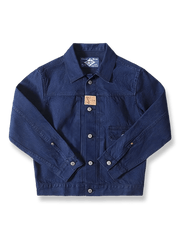 インディゴ染めセルビッジデニムショートワークジャケットの前面が見える商品画像