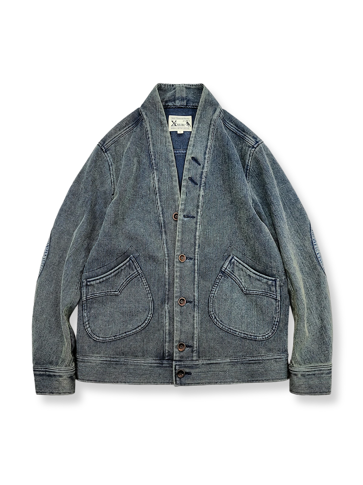 藍染めと抜染加工を施した剣道着風ルーズフィットカーディガンはんてん