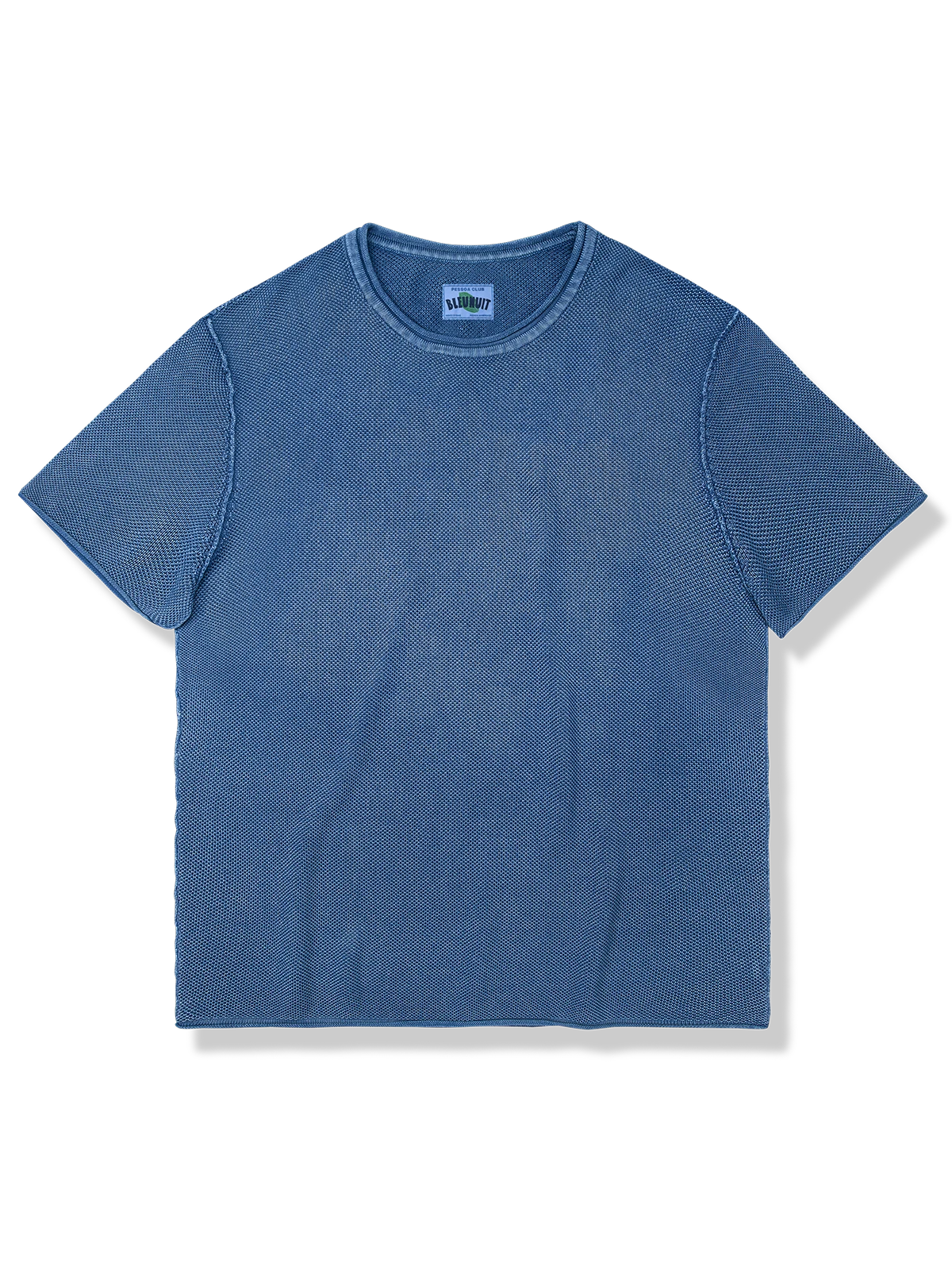 藍染ニットネックTシャツ、ヴィンテージウォッシュド加工、刺し子テクスチャー、着心地良好