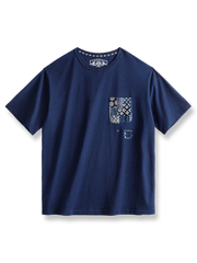藍染めと古布ポケットが特徴のヴィンテージ風Tシャツ