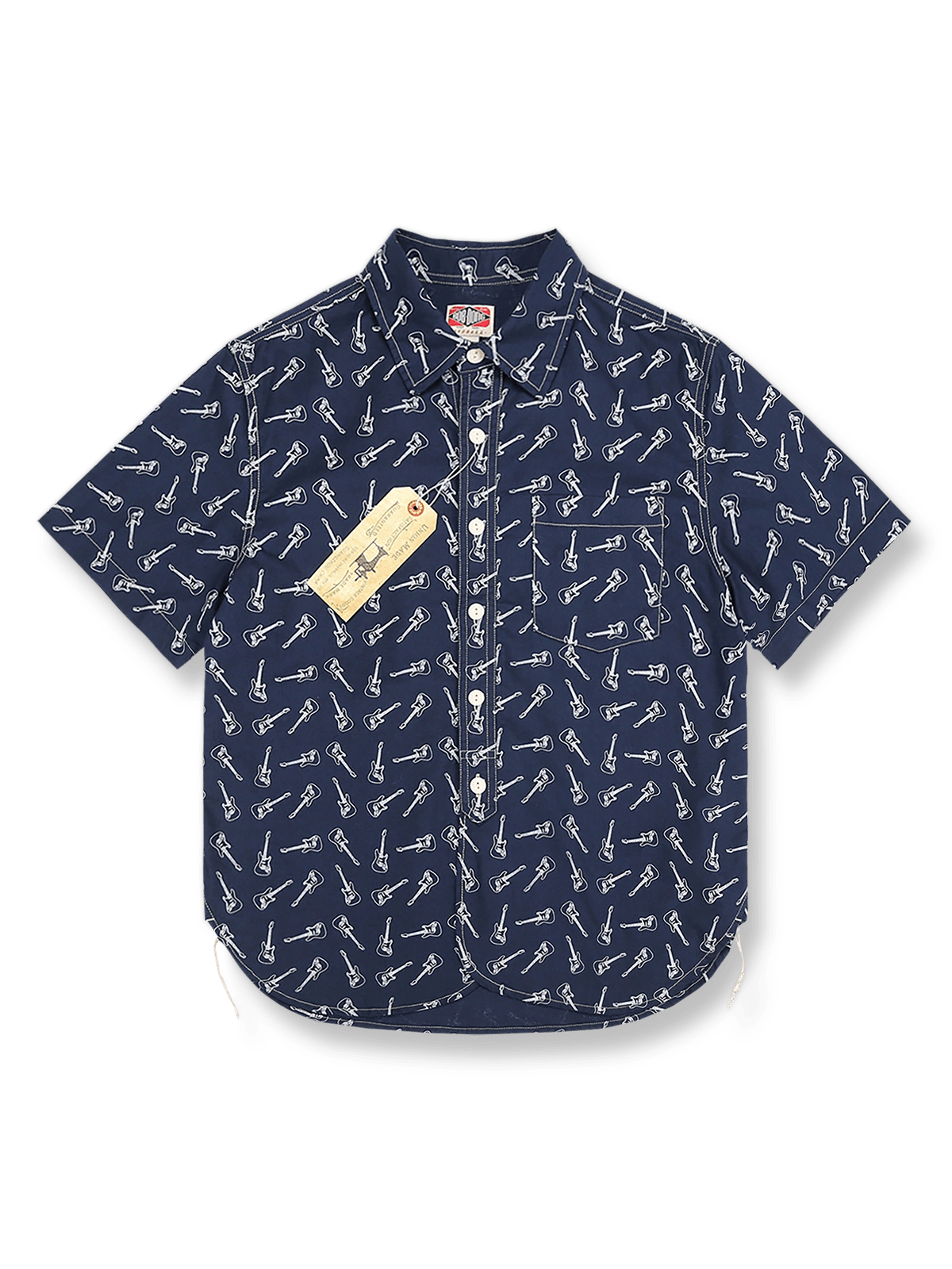 ギターパターン抜染のインディゴリネンコットンワークシャツ