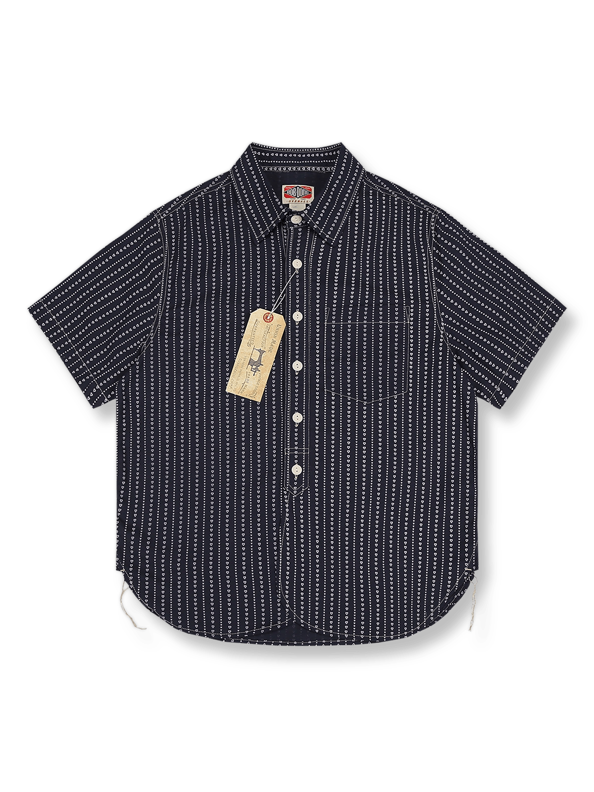 ハート柄抜染のインディゴリネンコットンWabashワークシャツ