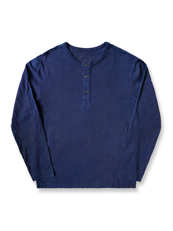 藍染めヘンリーネック長袖Tシャツの全体正面画像