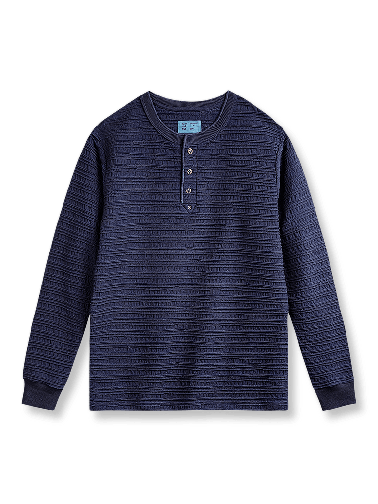 インディゴ ジャカードニットデニム ヘンリーネックシャツ -PESSOA CLUB