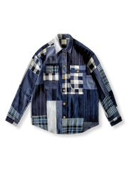 藍染めパッチワーク長袖シャツ