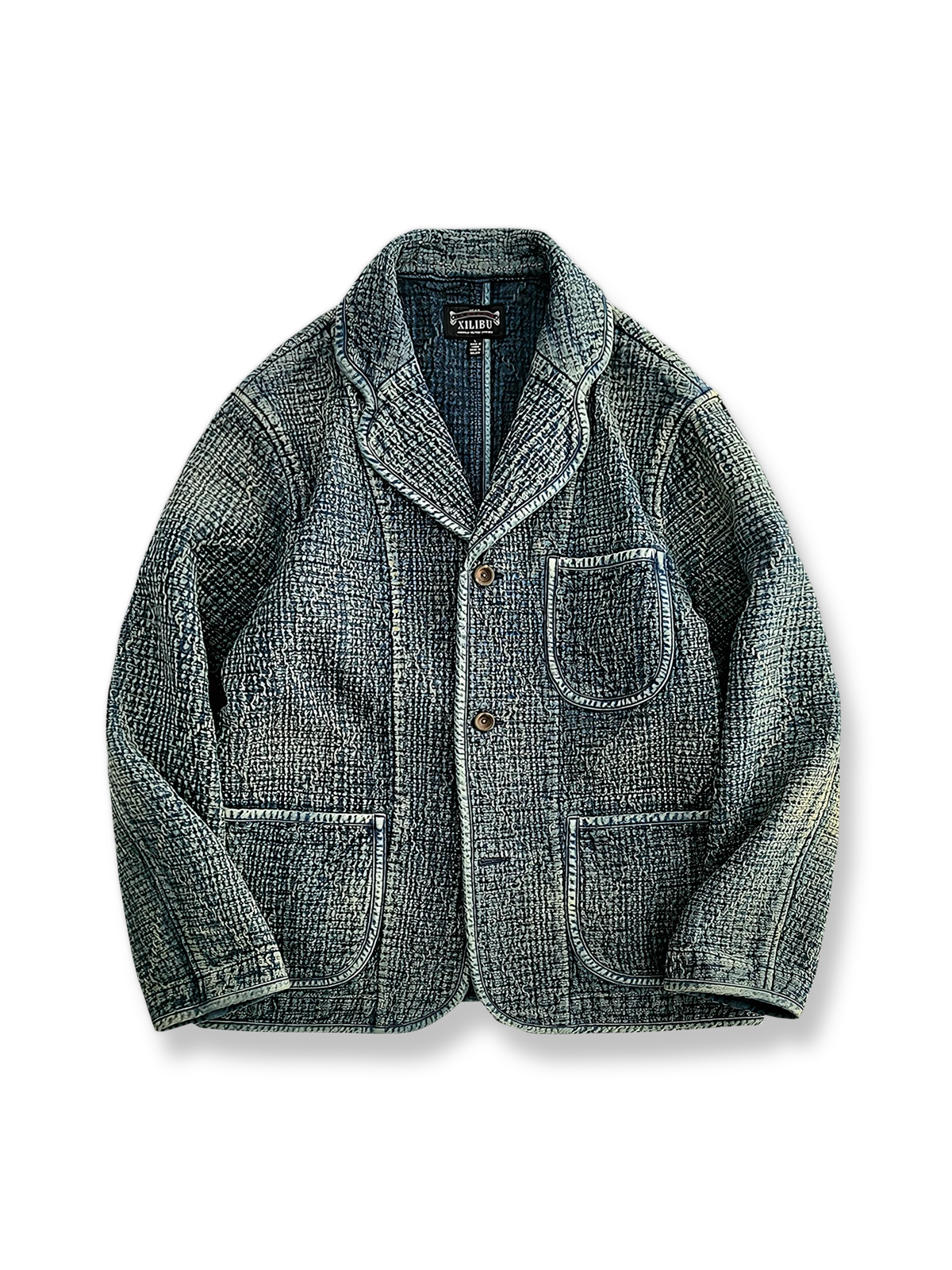 藍染刺子布と抜染加工のテクスチャーが際立つヴィンテージテーラードジャケットの全体像。