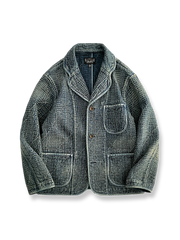 藍染刺子布と抜染加工のテクスチャーが際立つヴィンテージテーラードジャケットの全体像。