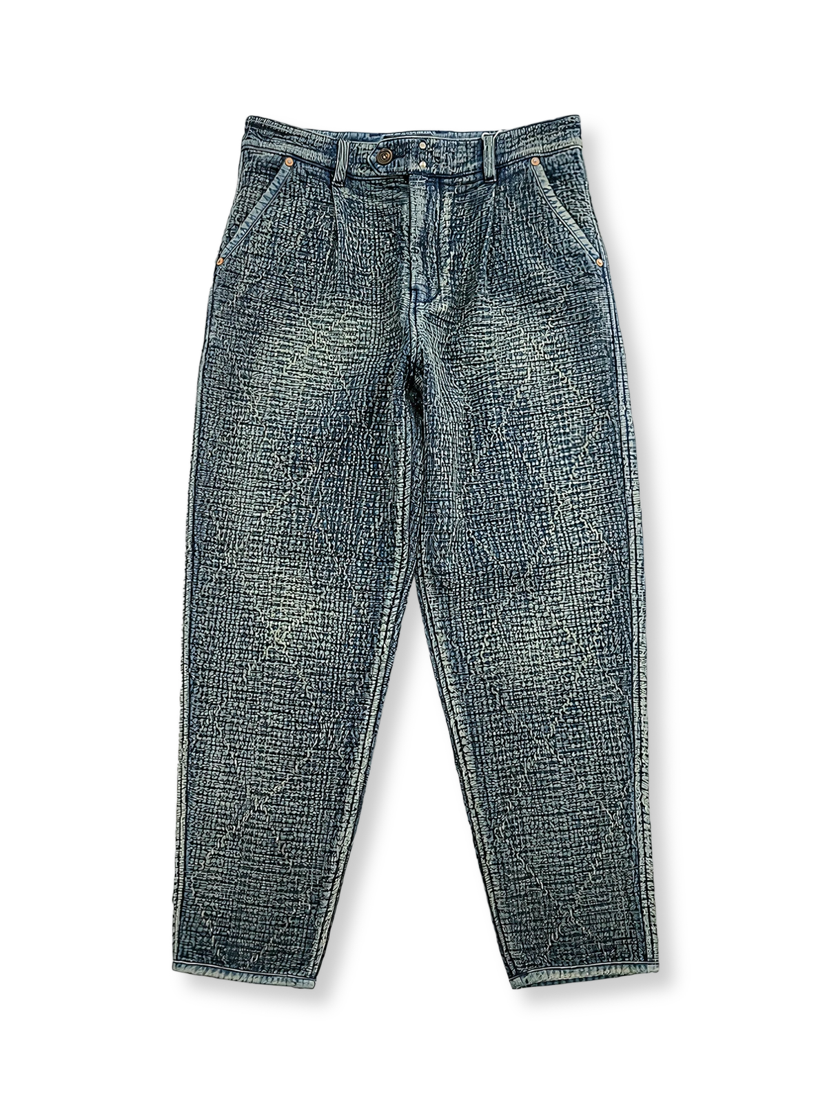 抜染とヴィンテージ加工が施されたインディゴ刺し子ダブルレイヤーカジュアルパンツ。