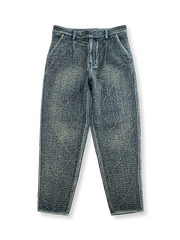 抜染とヴィンテージ加工が施されたインディゴ刺し子ダブルレイヤーカジュアルパンツ。