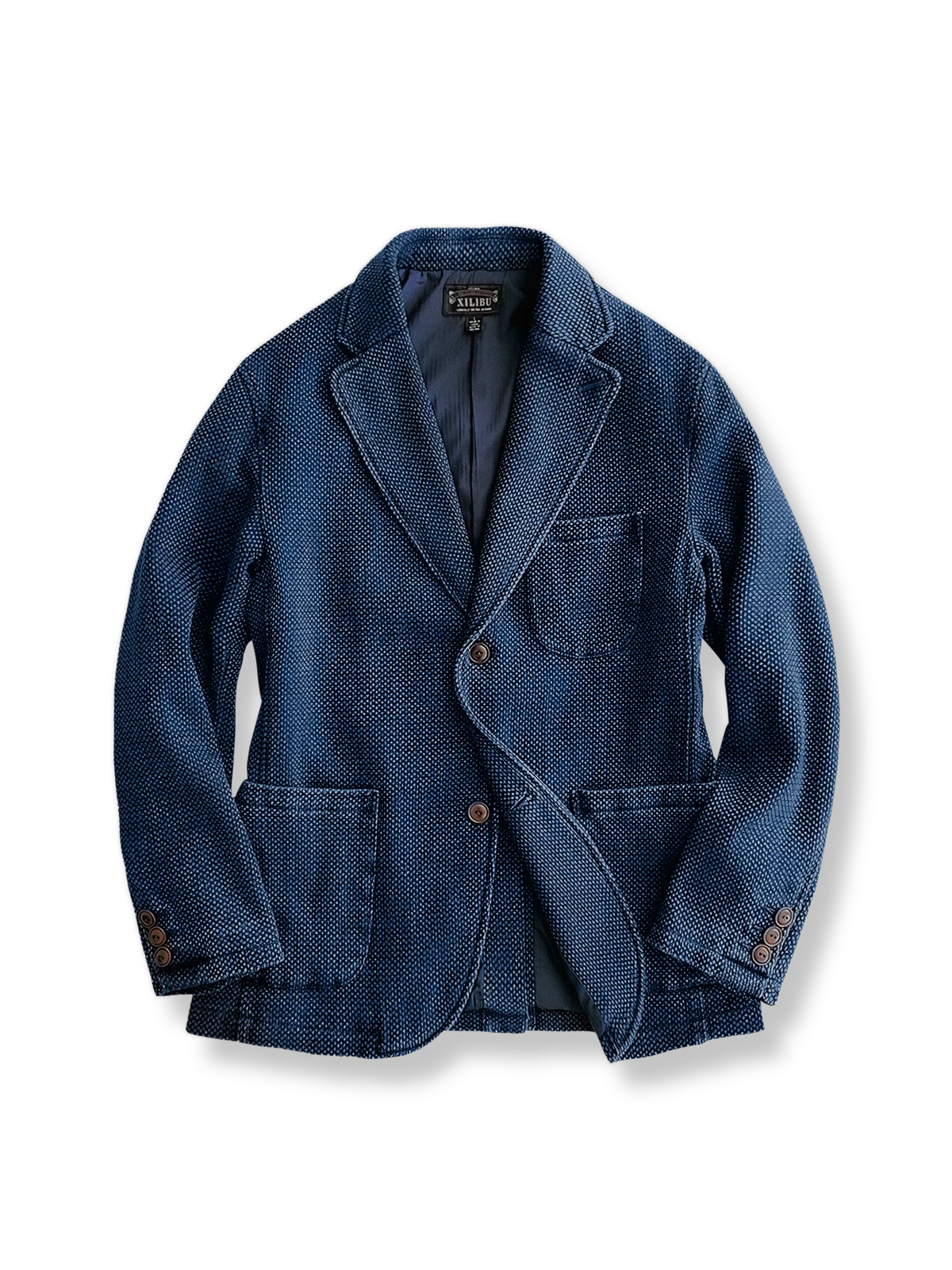 剣道着刺し子布と藍染めが特徴の12.5オンス刺し子ジャケット。