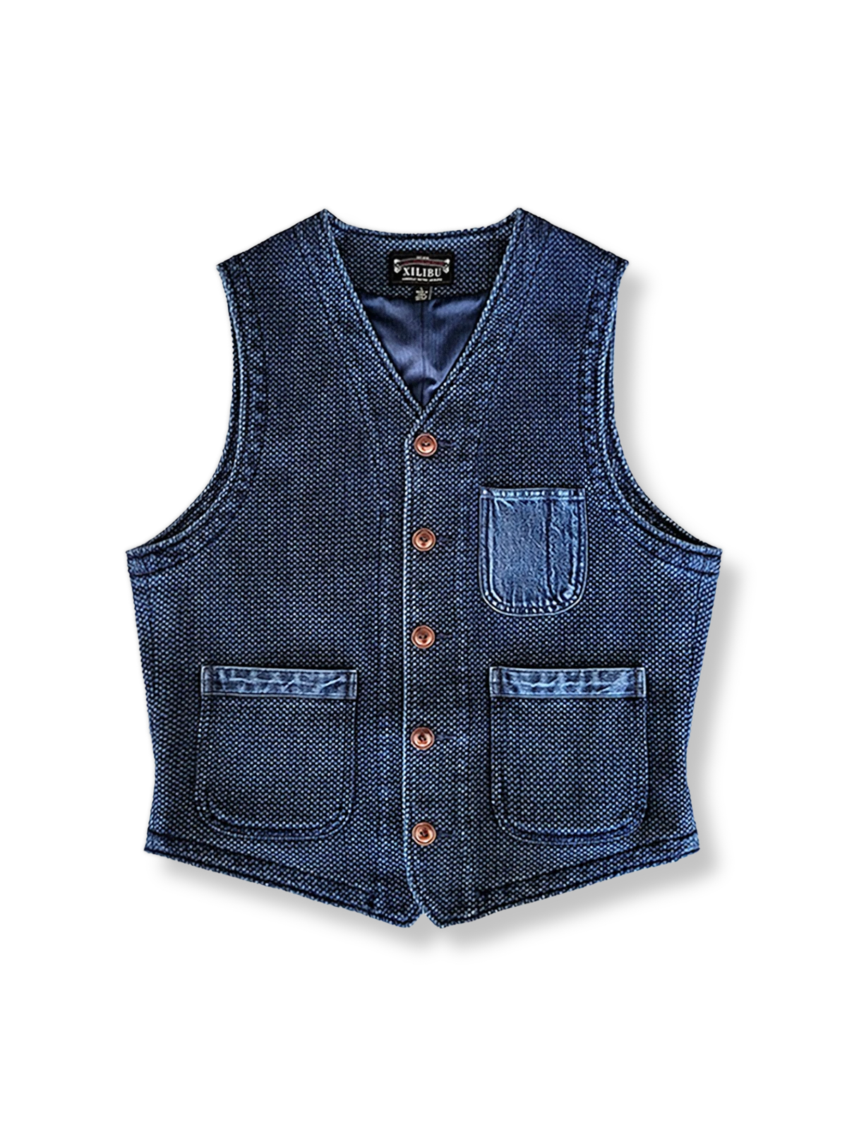 剣道刺し子生地を藍染めしたスリムフィットベスト、天然果実ボタン付き。