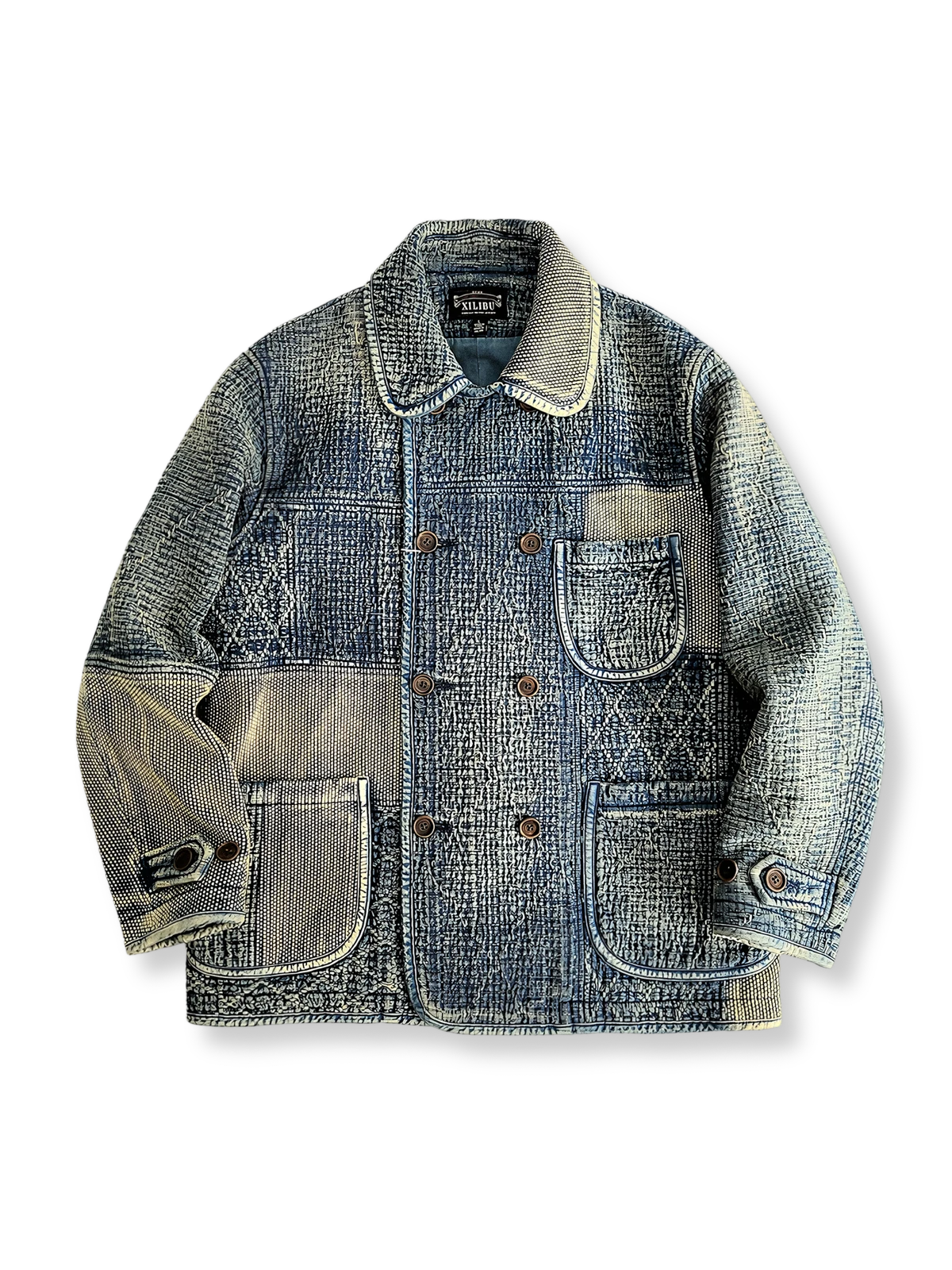 藍染め刺し子パッチワークが映えるダブルブレストジャケット