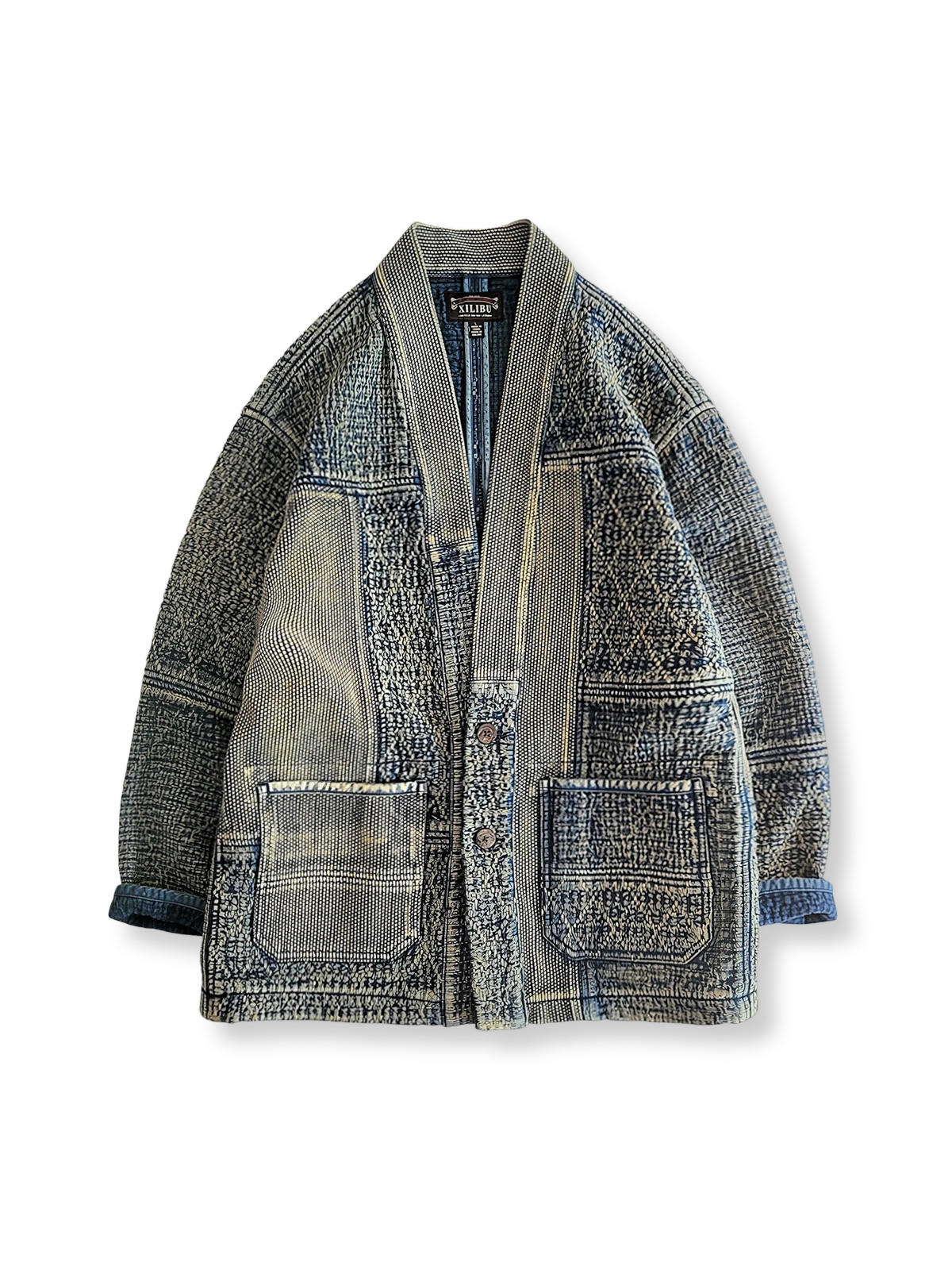 藍染刺し子パッチワーク技法で仕立てたゆったりシルエットのはんてん。