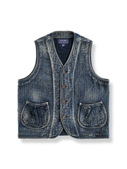 藍染刺し子パターンと本水牛ボタンが特徴のヴィンテージレトロベストの全体像。