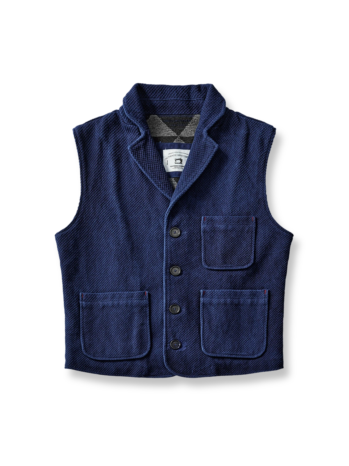 600g剣道刺子生地と伝統藍染めを用いた厚手ベスト。高級牛角ボタンと三ポケットデザインが特徴。