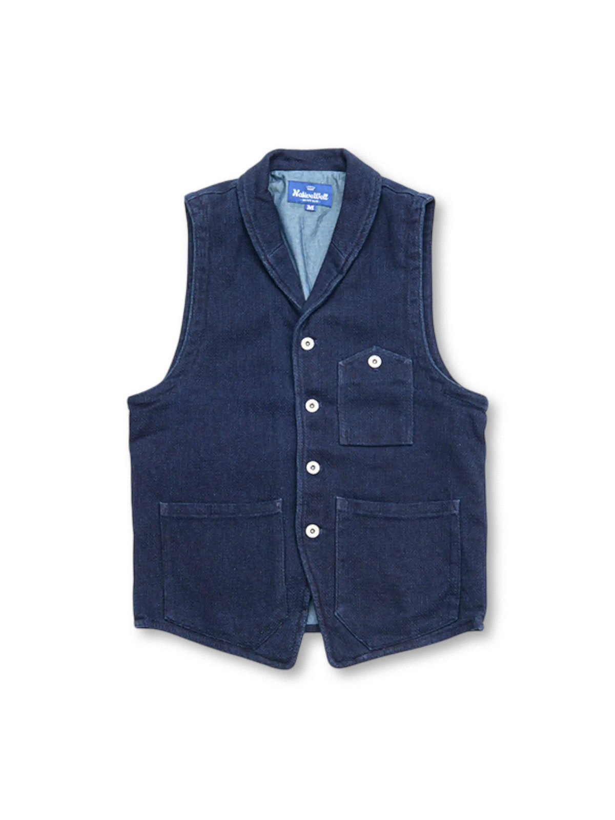 藍染刺し子生地使用の日本伝統風ワークベスト。小襟とYKKアンティーク工字ボタン付き。