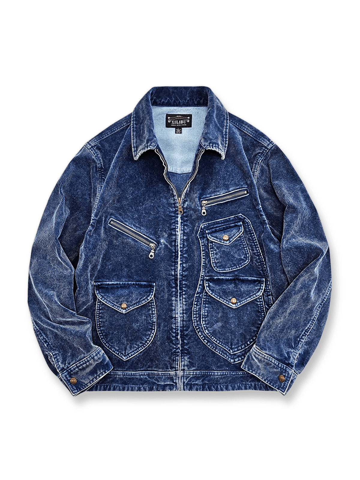 インディゴバチ染めコーデュロイ素材の多ポケットワークジャケット。真鍮ジッパーとメタルスナップボタンを配したヴィンテージ風デザイン。