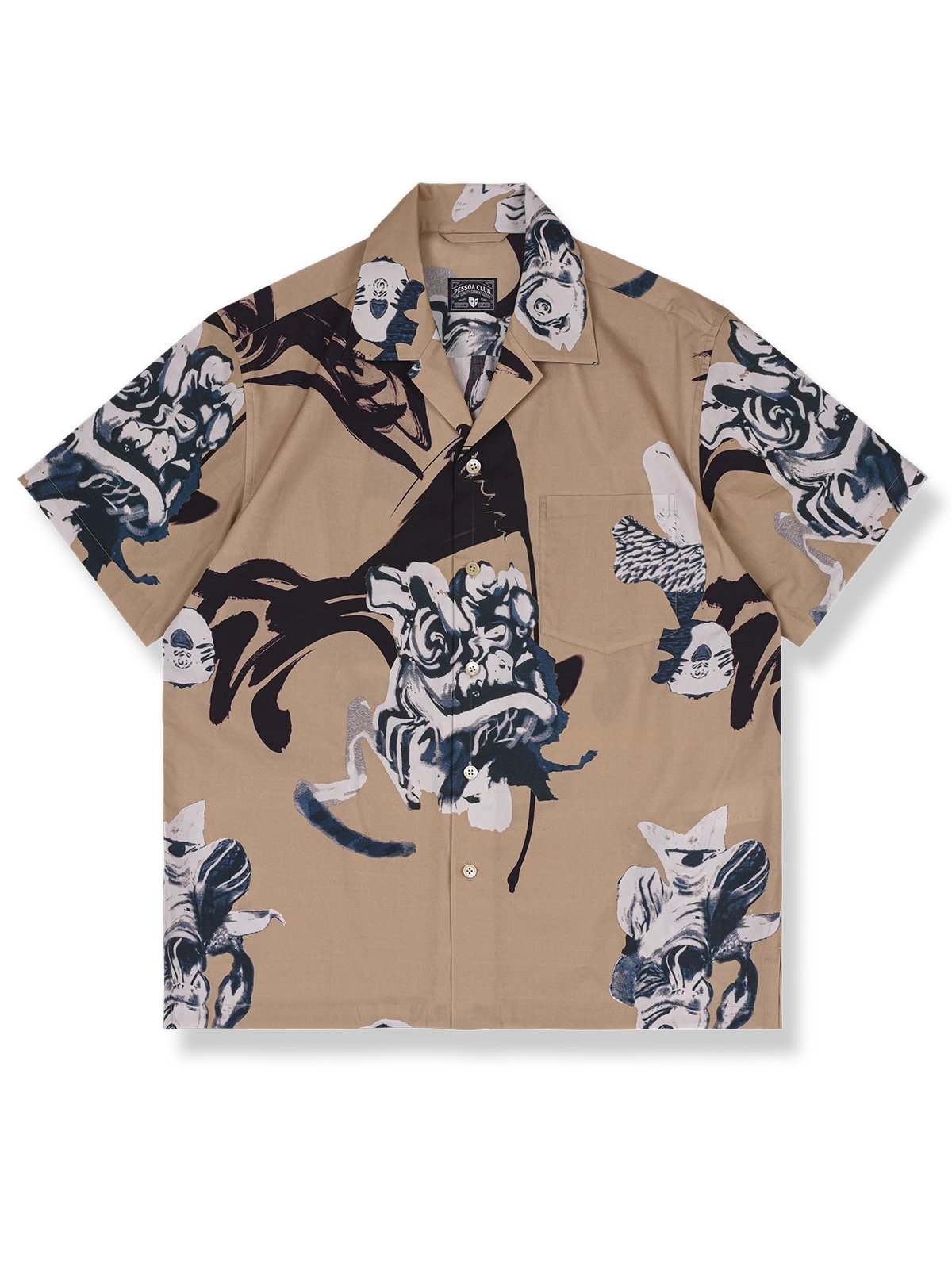 墨絵魚柄アロハシャツ、カーキベース、ダブルスリット裾、貝ボタン、薄手コットン素材