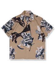 墨絵魚柄アロハシャツ、カーキベース、ダブルスリット裾、貝ボタン、薄手コットン素材