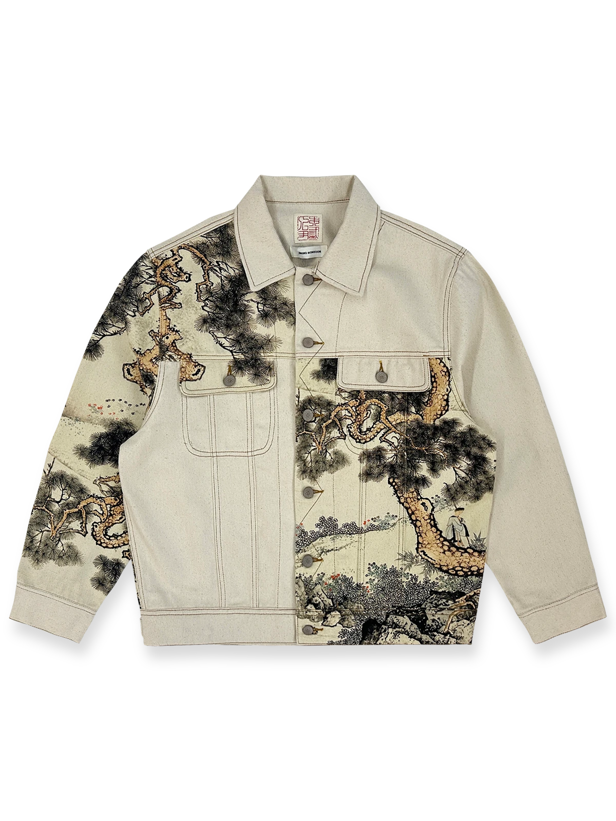 水墨画の松柏柄をプリントした東洋美術風ヴィンテージジャケット