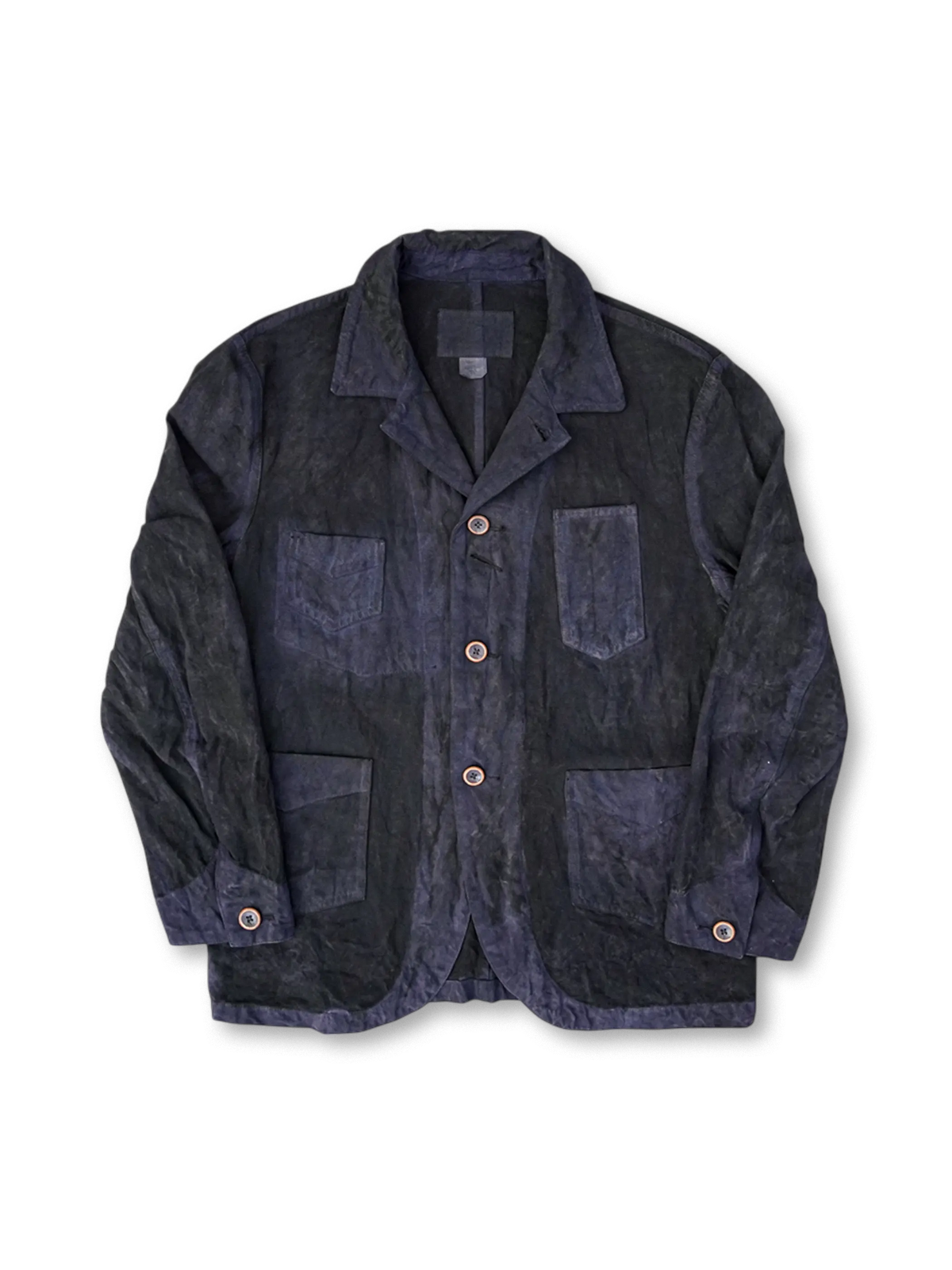 鉄錆染めと五倍子染めで仕上げた黒藍色のコットンワークジャケット