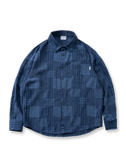 不規則チェックとストライプのパッチワーク長袖シャツ