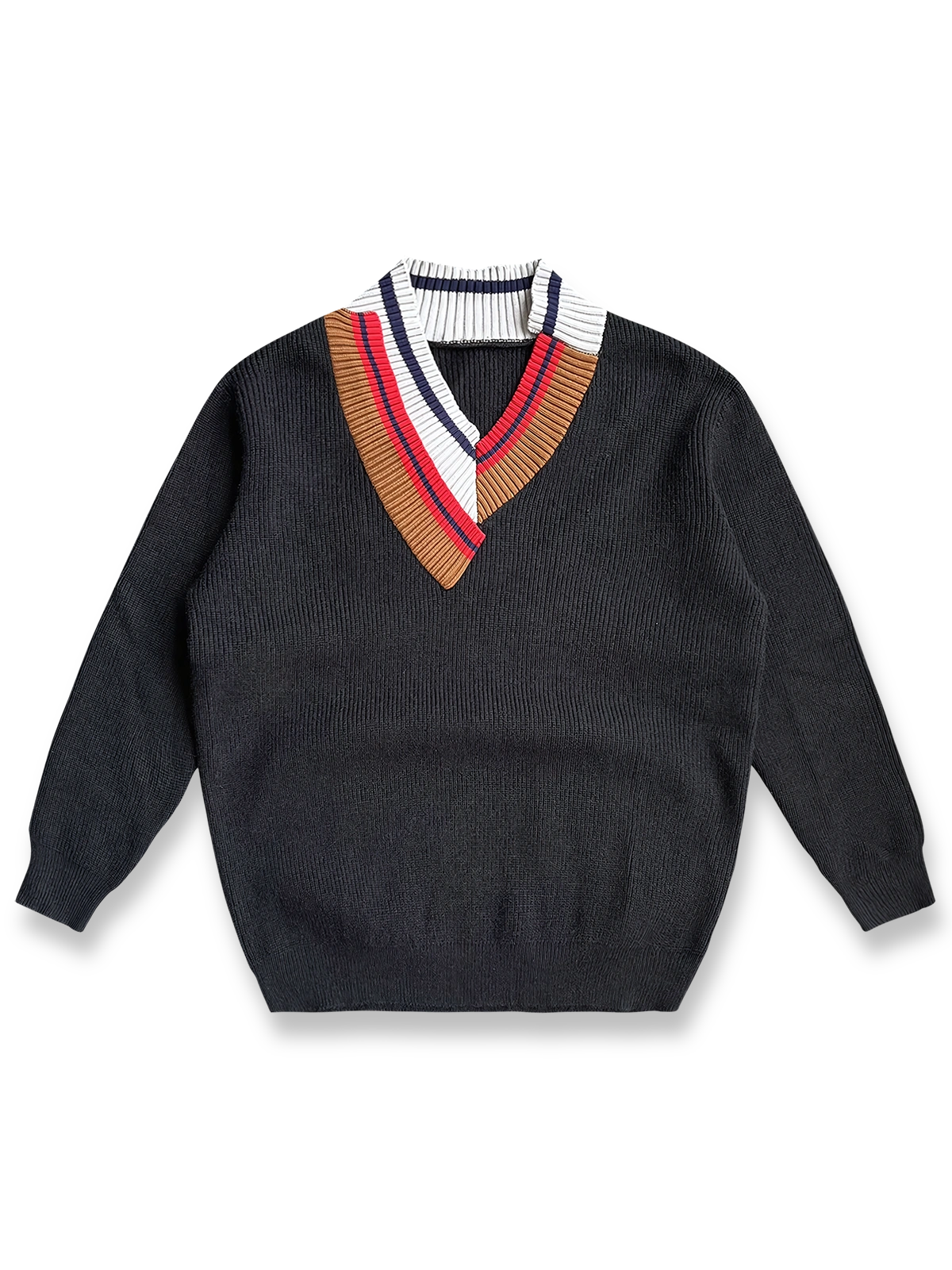 英国風の不規則配色とVネックが特徴のカジュアルセーター