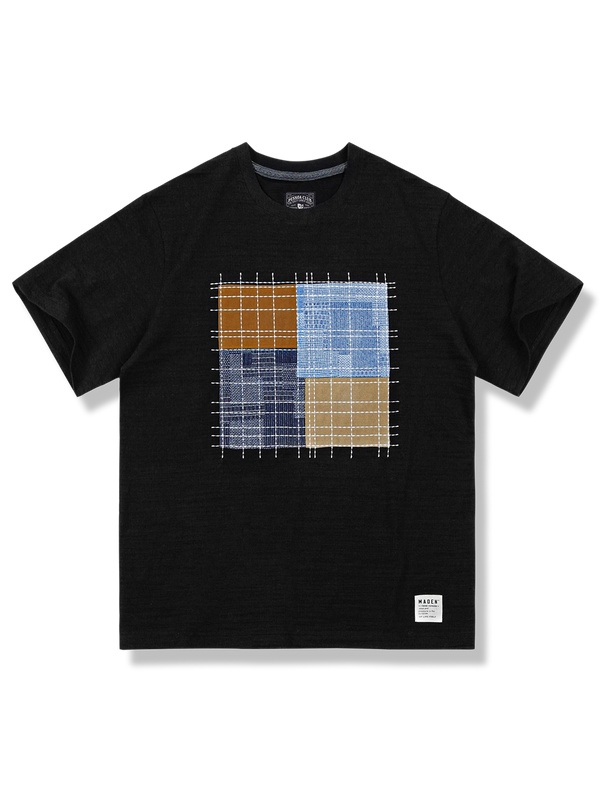 不規則な四角形パッチワークデザインの通気性コットンTシャツ