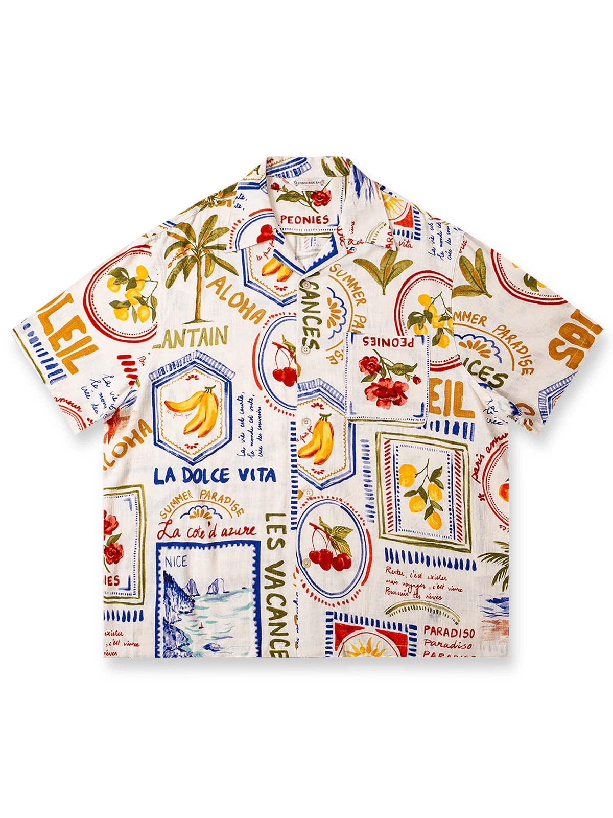 アイランド柄とフルーツ柄のオイルペイント風プリントが映えるコットンリネン混紡キューバカラーシャツ