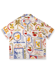 アイランド柄とフルーツ柄のオイルペイント風プリントが映えるコットンリネン混紡キューバカラーシャツ