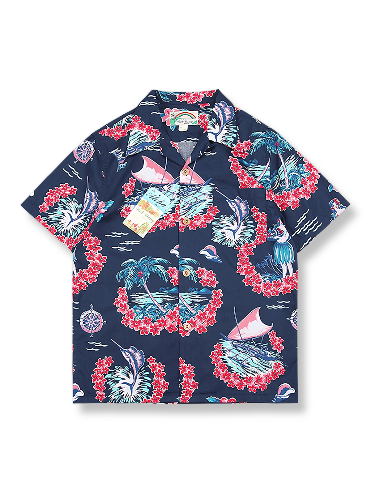 小島民族風とハイビスカス柄のハワイアン半袖シャツ
