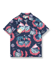 小島民族風とハイビスカス柄のハワイアン半袖シャツ