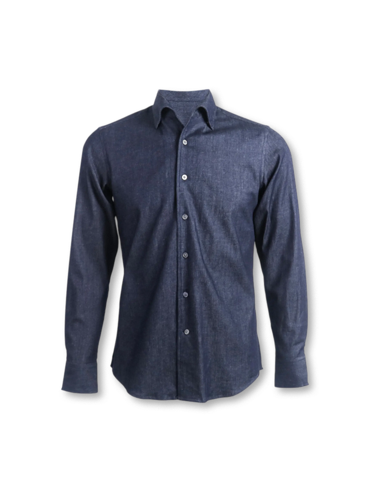 内衿と隠しボタンが特徴のイタリアンカラースリムデニムシャツ