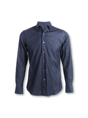 内衿と隠しボタンが特徴のイタリアンカラースリムデニムシャツ