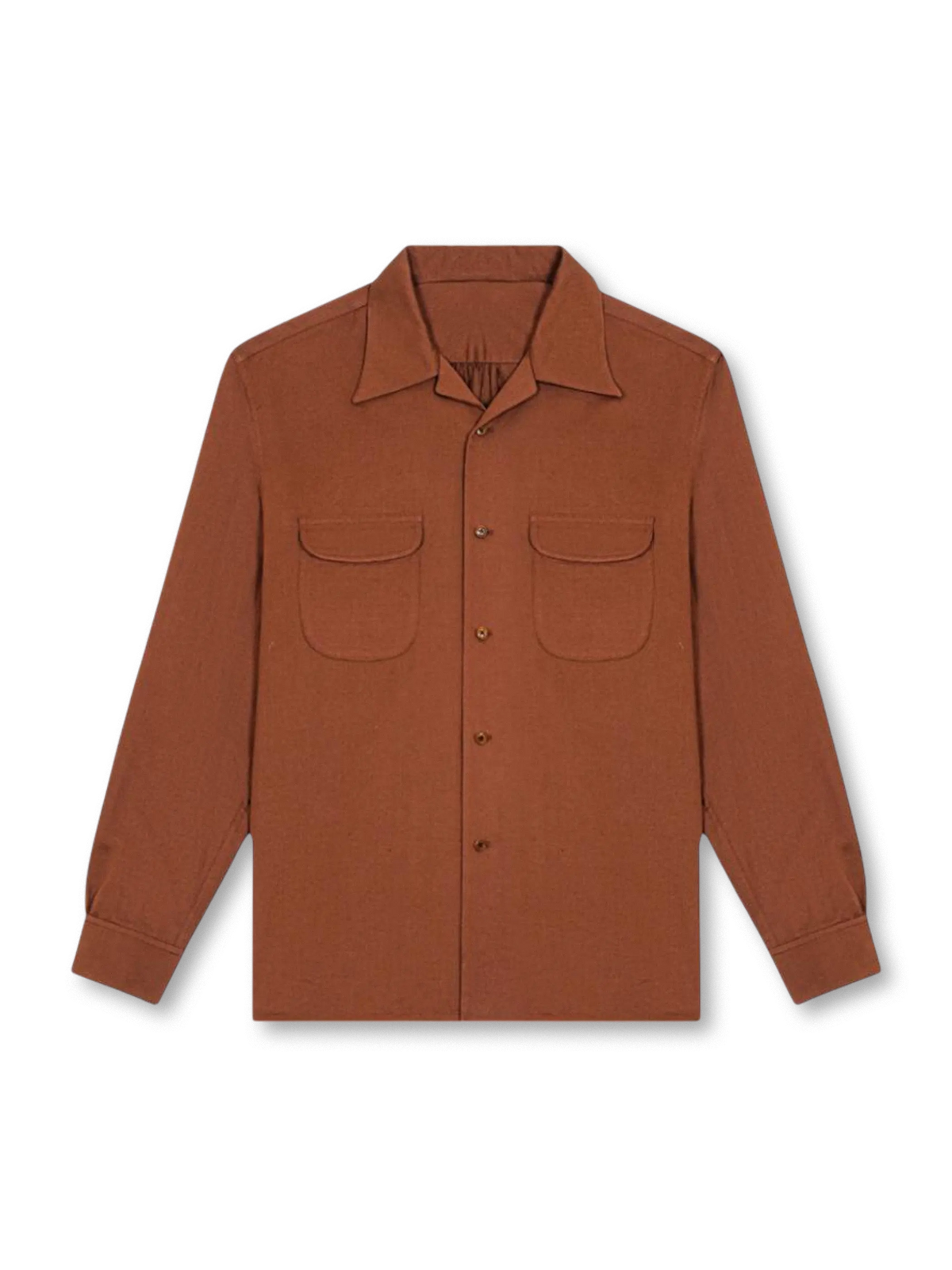 1940年代スポーツウェア風オープンカラーとリネン混紡生地が特徴の知的な長袖シャツ