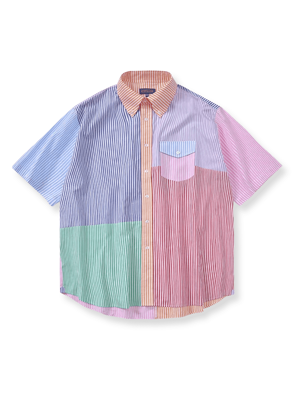 グリーンとネイビー、オフホワイトのカラーブロックが特徴のアイビーリーグ風ショートスリーブシャツ