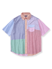 グリーンとネイビー、オフホワイトのカラーブロックが特徴のアイビーリーグ風ショートスリーブシャツ